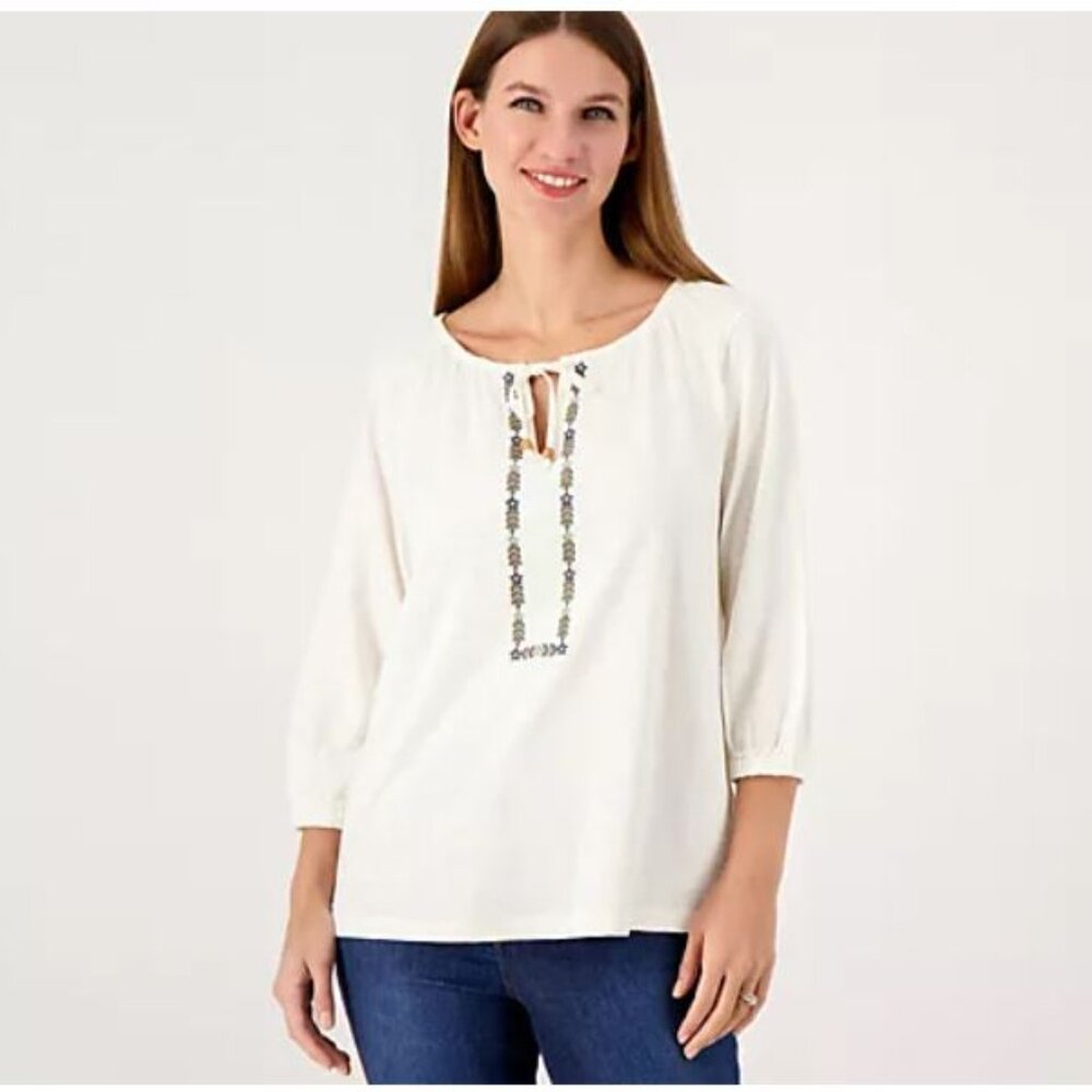 Denim & Co. Canyon Retreat Mirabella Knit Balloon Sleeve Top-White-Medium